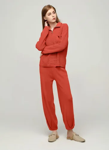 Vista 3 de softome Conjunto de 2 piezas para mujer, suéter de manga larga, con cremallera de 14, suéter de punto, pantalones casuales, conjunto de ropa
