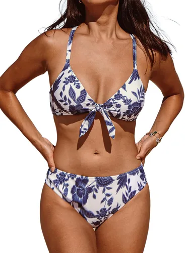 Vista 26 de CUPSHE Conjunto de bikini de dos piezas con cuello en V para mujer Beige/Magenta Floral