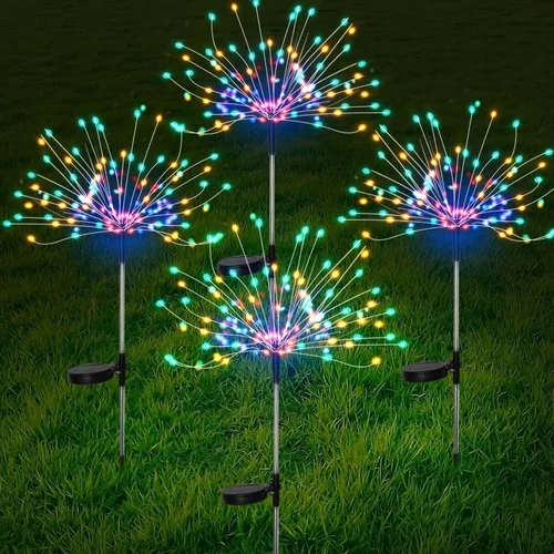 Vista 7 de FOOING 4 luces solares de jardín, luces solares de fuegos artificiales, 480 luces LED solares de cadena de 2 modos de luces solares parpadeantes