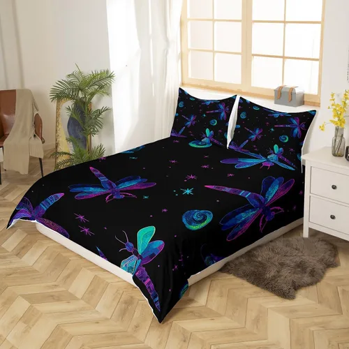 Vista 2 de Juego de ropa de cama con diseño de libélula para mujer, diseño de libélulas color azul y morado, tamaño individual, para niños y niñas, juego