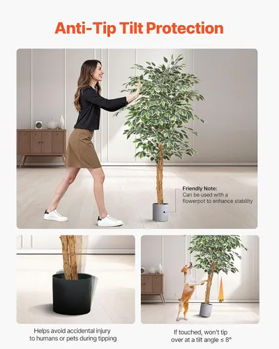 Vista 5 de VEVOR Árbol de ficus artificial de 5 pies con maceta negra, planta alta de ficus sintético con tronco de madera natural y hojas verdes realistas