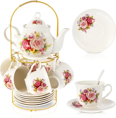 Vista 9 de Zhehao Juego de té de porcelana de 20 piezas con soporte de metal y cuchara para adultos, juego de té de cerámica para adultos, pintura de flores