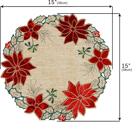 Vista 4 de OWENIE Juego de 4 manteles individuales redondos de flor de pascua de Navidad, bordados, con apliques bordados, manteles individuales de lino
