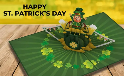 Vista 7 de iGifts And Cards Tarjeta desplegable 3D de duende de oro, diseño festivo de celebración irlandesa para cumpleaños del día de San Patricio y buena