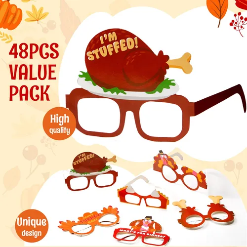 Vista 2 de JOYIN 48 lentes de pavo de Acción de Gracias, marco de anteojos de pavo con diseño de calabaza y hojas de arce, accesorios para fotos, anteojos