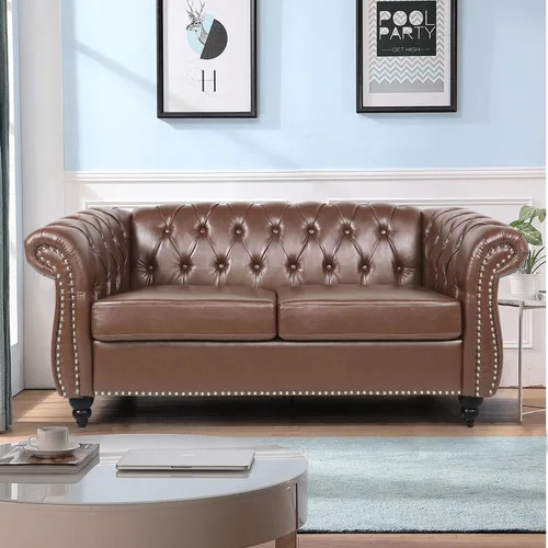 Vista 19 de LEVNARY Sillón Tapizado en Cuero, Silla Sofá Individual Estilo Mediados de Siglo Moderno con Brazos Curvos y Tachuelas, Silla Chesterfield de Cuero