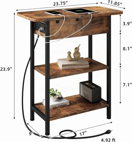 Vista 3 de LIDYUK Mesa auxiliar con estación de carga, mesa auxiliar abatible con puertos USB y tomas, mesita de noche para espacios pequeños, mesitas de noche
