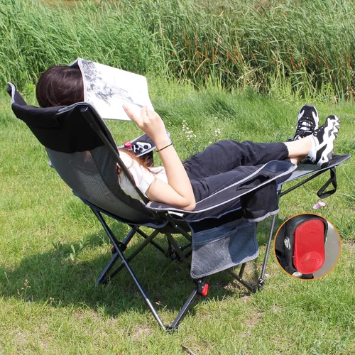 Vista 2 de Silla de camping reclinable con reposapiés extraíble con reposacabezas, cojín de algodón, sillas plegables ajustables y portátiles