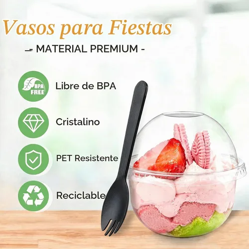 Vista 3 de Zezzxu Paquete de 50 Vasos de Postre de Plástico de 9 oz con Tapas de Cúpula (Sin Agujero) y Sporks, Vasos de Frutas Desechables Transparentes