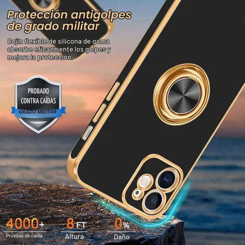 Vista 5 de Fingic Funda para iPhone 12 con Soporte de Anillo, [Soporte de Anillo Giratorio de 360° Magnético con Base] [Borde Dorado Brillante con Enchapado]