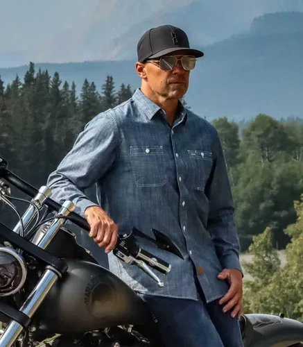 Vista 3 de Dubinik® Chambray - Camisa de trabajo de algodón de manga larga para hombre, con 2 bolsillos, casual, con botones