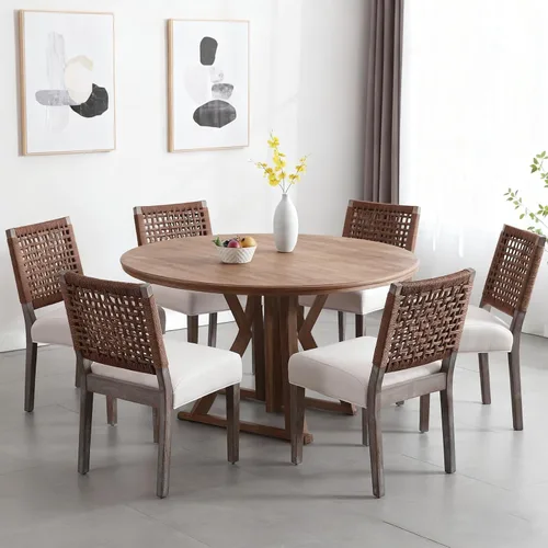 Vista 11 de Juego de 2 sillas de comedor de granja, sillas de comedor tapizadas con respaldo tejido a mano, asiento acolchado suave y patas de madera Beige