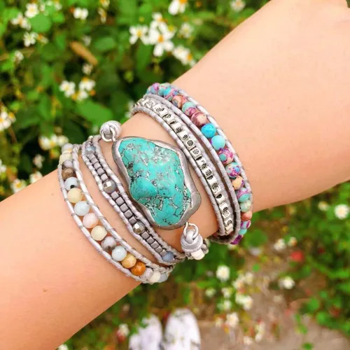 Vista 66 de ZOSOJONA - Pulseras bohemias hechas a mano de piedra natural, que dan vuelta, con cuentas de cristal de turquesa