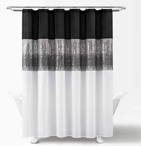 Vista 13 de Lush Decor Cortina de Ducha Night Sky, Individual, 72" An x 72" L, Negro - Cortina de Ducha con Lentejuelas - Cortina de Baño Brillante de Bloques