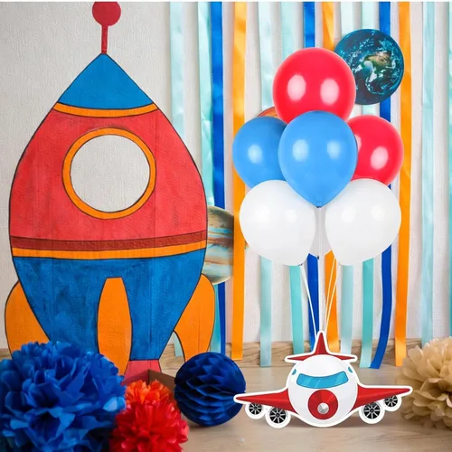Vista 6 de 6 piezas de decoración de fiesta de cumpleaños de avión, kit de soporte de globos de avión 3D, centro de mesa de globos de avión para mesas