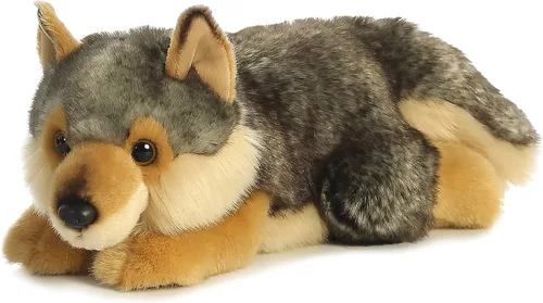 Vista 2 de Aurora® Adorable lobo echado de peluche Miyoni®, detalle realista, compañía entrañable, gris, 11 pulgadas