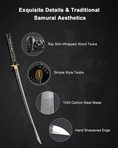 Vista 3 de HMS Fully Functional Hattori Hanzo Katana Sword, 1045 Carbon Steel, Hand Forged Heat Tempered, Full Tang, Sharp, Black Scabbard