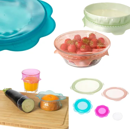 Vista 6 de OVERMATT - Funda reutilizable para almacenamiento de alimentos, juego de 5 tamaños, tapas de sellado multicolor de silicona elástica