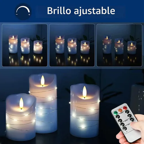 Vista 3 de danip Vela LED sin llama azul cielo con cuerda de luz de estrellas integrada, 3 velas LED, control remoto de 11 teclas, función de temporizador