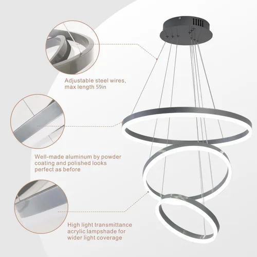 Vista 6 de Lámpara colgante LED plateada, lámpara de araña moderna regulable de 3 anillos con control remoto para comedor de techo alto