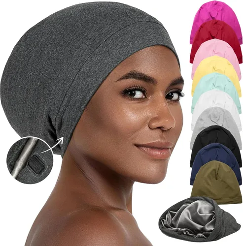 Vista 14 de CAPLORD Gorro de satén para dormir, envoltura de pelo rizado para hombres, gorros de seda ajustables para mujeres, gorro de seda para el cabello