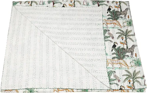 Vista 28 de Marubhumi Edredón tradicional indio de algodón puro con estampado de selva Kantha, funda de cama, colcha Kantha con estampado de animales, Negro