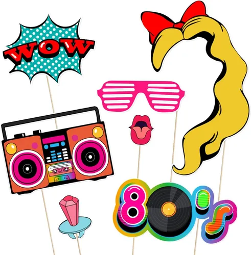 Vista 3 de LUOEM 21 piezas de accesorios para cabina de fotos de los años 80, divertidos accesorios de fotos para fiesta de cumpleaños con palos de madera