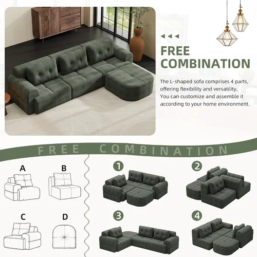 Vista 7 de Sofá seccional comprimido sin hueso de 112 pulgadas con otomana movible convertible en forma de L sofá esquinero modular para sala de estar, sofás