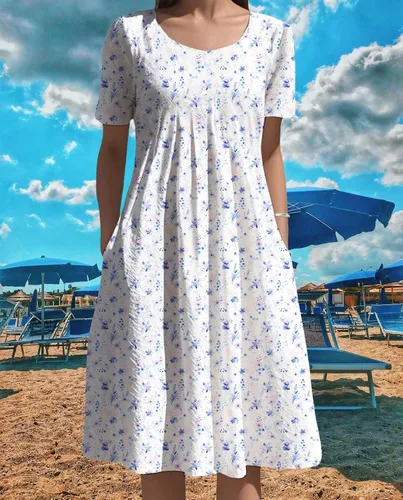 Vista 5 de Vestidos bohemios para mujer, estampado floral, manga corta, cuello redondo, talla grande, vestido de vacaciones con bolsillos para verano 2025