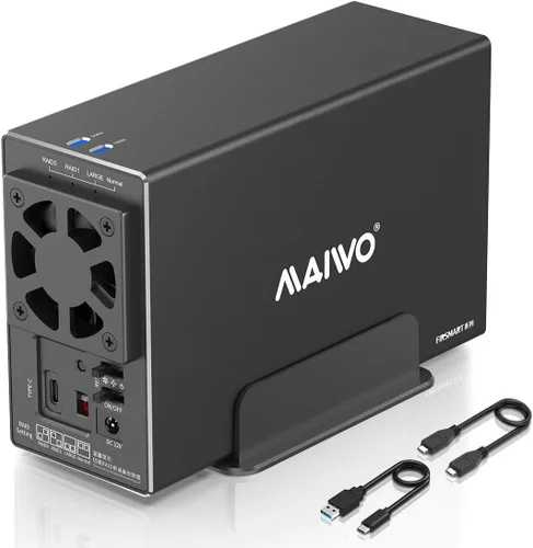 Vista 7 de MAIWO Caja RAID de disco duro de doble bahía con ventilador de refrigeración para 2.5/3.5 pulgadas SATA SSD/HDD, caja de disco duro USB 3.0 de 5
