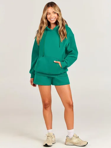 Vista 6 de ANRABESS Conjunto de 2 piezas para mujer, sudadera corta con cordón y capucha de gran tamaño, conjunto a juego