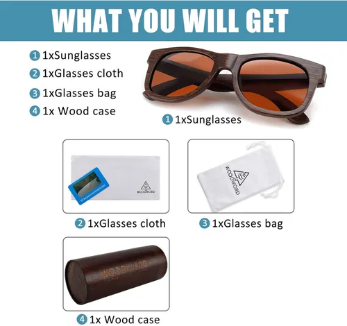 Vista 7 de WOODWORD Gafas de sol polarizadas de madera para hombres y mujeres gafas de sol de madera de bambú con funda