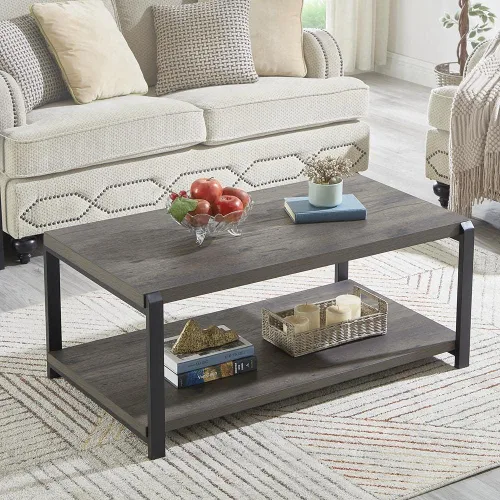 Vista 12 de EXCEFUR Mesa de café negra, mesa central moderna de madera rústica para sala de estar, mesa de té industrial rectangular de cóctel con estante