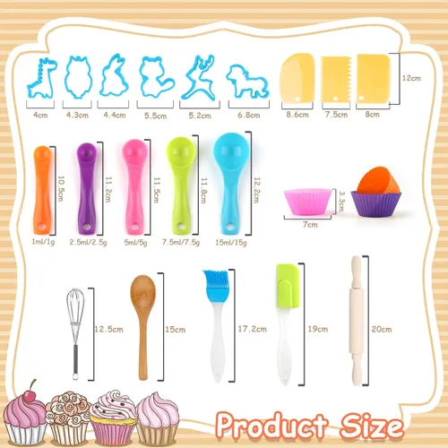 Vista 8 de KAEGREEL Juego de chef para hornear para niños con delantal de unicornio y manopla, 26 juguetes de cocina para niños, juego de cocina con sombrero