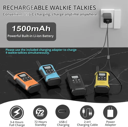 Vista 3 de Rechargeable Walkie Talkies for Adults Long Range-4 Pack Black & Blue & Orange & Yellow