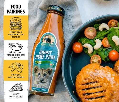 Vista 4 de Ghost Peri-Peri Salsa picante de African Dream Foods Salsa piri-piri picante totalmente natural con pimientos fantasma africanos Vegana, sin