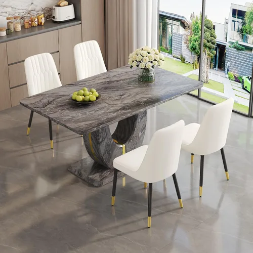 Vista 44 de JUFU Juego de mesa de comedor moderno para 4, juego de mesa de cocina rectangular de 63 pulgadas con mesa de mármol sintético y 4 sillas tapizadas