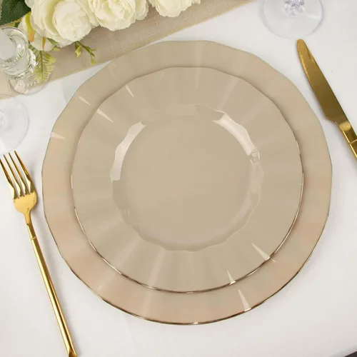 Vista 63 de Tableclothsfactory Paquete de 10 platos redondos de plástico negro de 6 pulgadas para ensalada de postre, platos desechables con borde ondulado