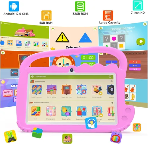 Vista 4 de YQSAVIOR Tableta para niños de 7 pulgadas para niños, Android, 2 GB de RAM, WiFi, preinstalada, control de padres, educación, educación, cámara