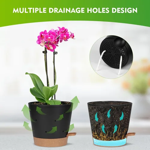 Vista 5 de JGB 4 macetas de orquídeas con agujeros, cada una de 5, 6, 7 y 8 pulgadas, macetas de orquídeas de riego automático y macetas de plástico Negro