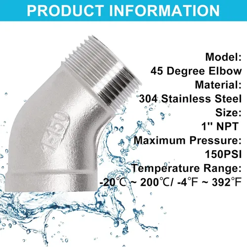 Vista 3 de 1 PIEZA Accesorios de Codo de 45 Grados, Tubo Macho NPT de 1" a 1" NPT Hembra 304 Accesorio de Tubería de Acero Inoxidable, Acoplador Conector