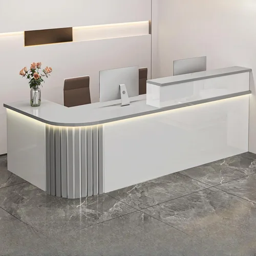 Vista 23 de LITFAD Recepción de computadora en forma de L - Escritorio de recepción de madera fabricada con gabinete, gestión de cables y bandeja para teclado