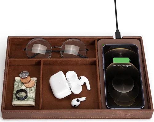 Vista 13 de Valet Tray, Built in Wireless Charging Pad, Nightstand Organizer Sillín marrón