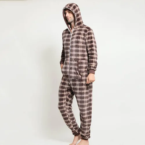 Vista 7 de Plaid Onesie Pajamas for Men Warm Fleece Rompers Full Zipper Jumpsuits Lightweight Tracksuit with Pockets