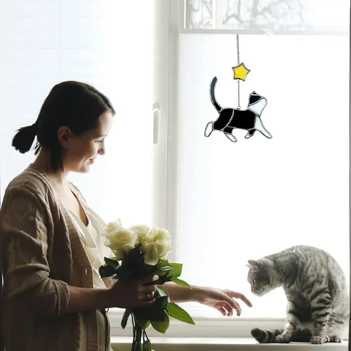 Vista 3 de Seawah Decoración de atrapasoles de cristal negro para colgar en la ventana, regalo conmemorativo, regalos para amantes de los gatos, mamá