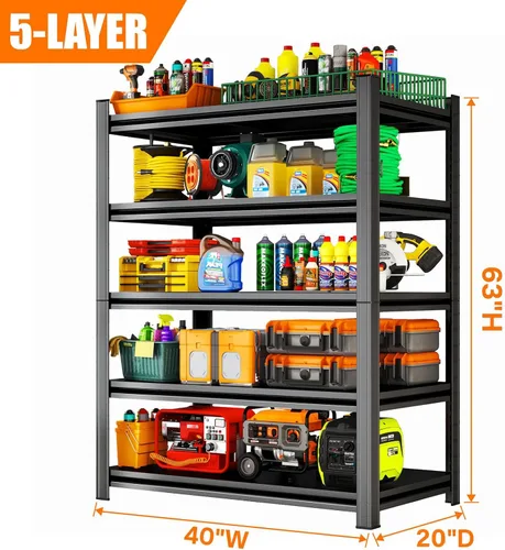 Vista 2 de Estantería resistente, estantes de garaje de 5 niveles de 40 pulgadas de ancho, estante de almacenamiento de metal ajustable para garaje, cocina