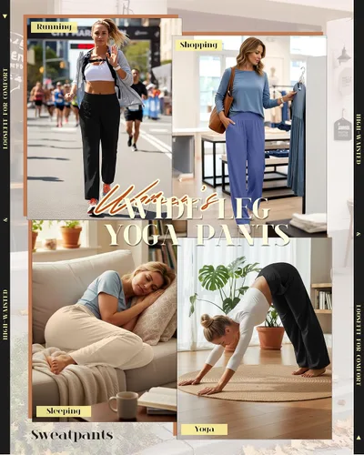 Vista 114 de Neer - Conjunto de 3 pantalones de yoga de pierna ancha para mujer - Pantalones deportivos cómodos, holgados, de cintura alta y casuales