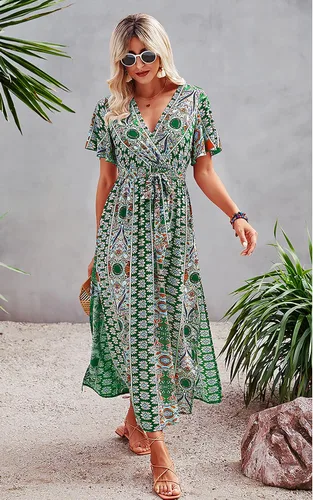 Vista 3 de CCTOO Vestido largo de verano para mujer, estilo casual, bohemio, floral, cuello en V, manga corta, con volantes, con abertura, vestido largo