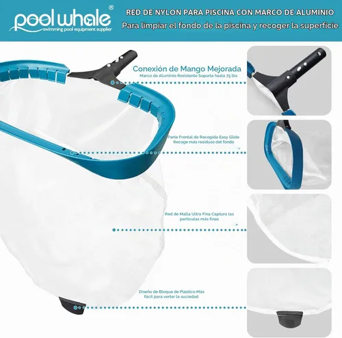 Vista 3 de POOLWHALE Red de piscina – Rastrillo profesional de 20 pulgadas para piscina, bolsa de nailon profundo con marco de aluminio, redes de malla ultra