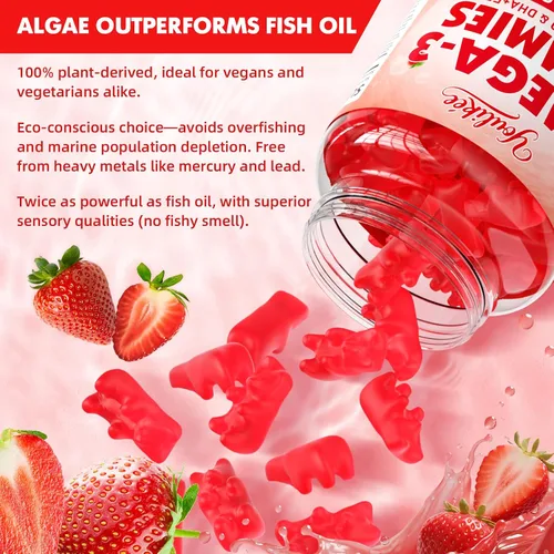 Vista 6 de Gomitas veganas Omega-3 de 1000 mg, alternativa al aceite de pescado Omega 3 para adultos, DHA a base de plantas de 460 mg y EPA 230 mg con vitamina